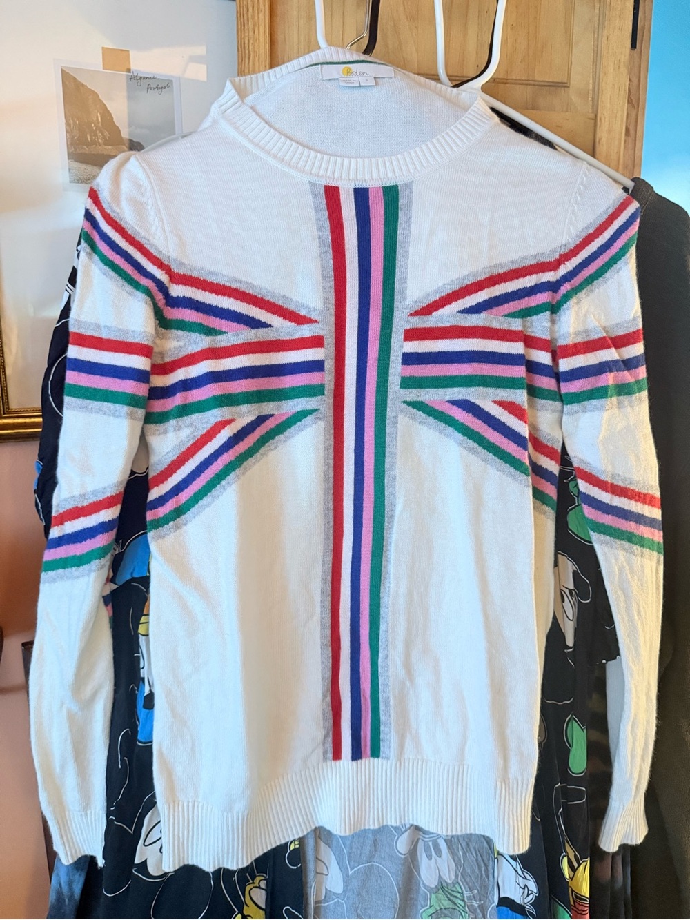 Boden White Crewneck Sweater with Pink, Red, Green and Blue Stripes